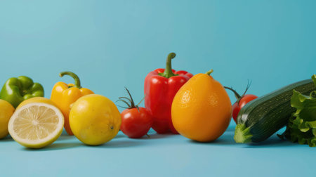 flat colored background with cut vegetables and fruitsの写真素材