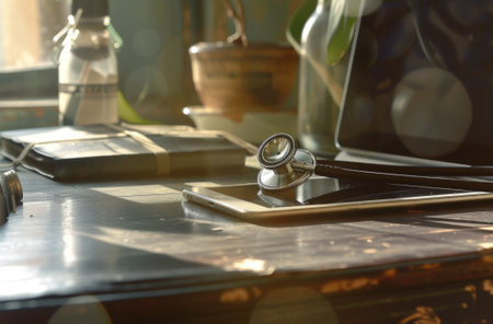 doctor's desk with stethoscopeの写真素材