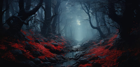Eerie image of a spooky misty forest with red detailsの写真素材