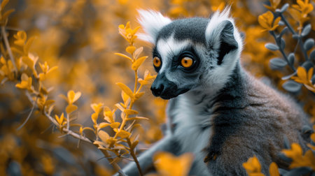 Close-up of a lemur in a tree with vegetation around itの写真素材