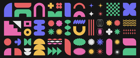 Abstract retro shapes, basic brutal forms and figures in Y2K aesthetics, vintage stickers, logos,...