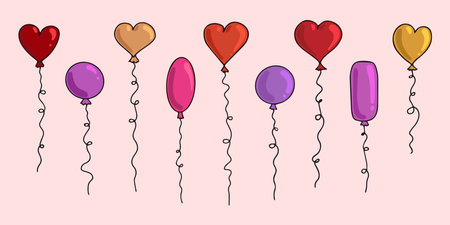 Valentine's Day balloons in heart and round shapes, hand drawn romantic doodles of air balloons for love holiday. Vector illustration.のイラスト素材