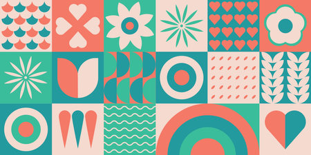 Geometric banner with simple geometric shapes and figures and symbols. Retro banner with forms and flowers. Vector illustration.のイラスト素材