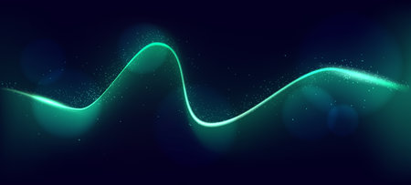Abstract neon background with glowing line of light curling through with sequins and blinks sparse around with bokeh. Cosmic banner and cover. Vector illustration.のイラスト素材