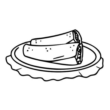 Rolls with meat and vegetables or vegan rolls in lavash, Asian food doodle and dish drawing, freehand vector illustration and sticker, outline graphics.のイラスト素材