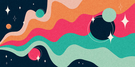 Retro space banner, abstract flat milky way striped path with planets, stars and grainy texture. Abstract cosmos wallpaper with bright colors. Vector illustration.のイラスト素材
