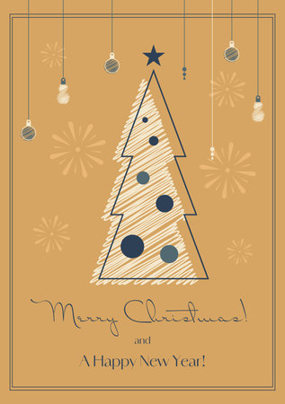 Merry Christmas and Happy New Year card with graphic pine tree decorated with toys and hanging decorations. Fireworks on the background. Elegant greeting poster. Vector illustration.のイラスト素材