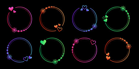 Gradient bright valentine day decorative round frames with hearts and floral decorations in retro aesthetics. Vector design elements.のイラスト素材