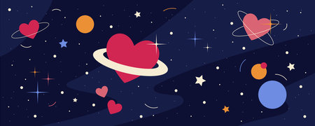 Abstract background with hearts in cosmos, starry backdrop with planets and love symbols. Vector wallpaper, decorative illustration.のイラスト素材