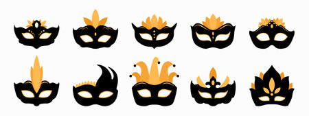 Carnival disguises, set of flat vector masquerade masks with yellow feathers. Elegant black carnival design elements for invitations, posters, decorations, and festive projects.のイラスト素材