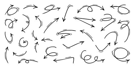 A collection of thin hand-drawn curvy arrows, loops, swirls, and dynamic marker-style pointers. Vector design elements for notes, presentations, planners, and playful graphics.のイラスト素材