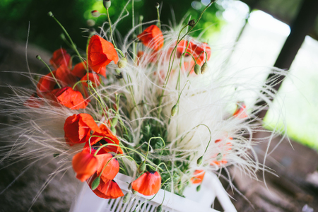 A bouquet of red poppies in a white plastic box for the delivery of plants. Concept of botanical design.の写真素材