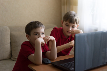 Two brothers are sitting in the living room and playing with the pc. Familyの写真素材