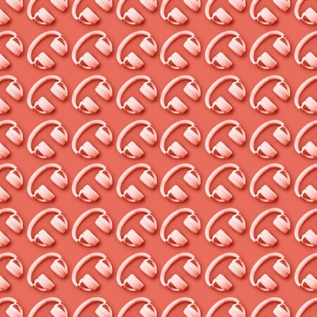 Wireless pink headphones on an orange background. Square pattern for different design purposes