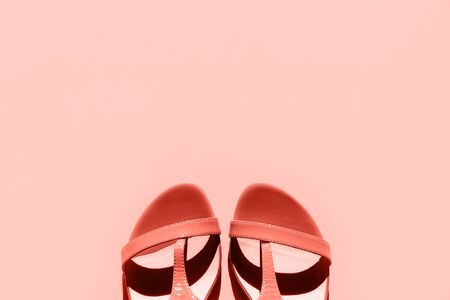 Orange fashionable womens sandals on a pink background. Concept of vacation and summer. Space wallpaper. Summer colorの写真素材
