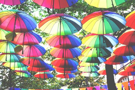 Many colored rainbow flag umbrellas over the street in Paris. Sex discrimination concept. Selective focus. The symbol of the LGBT community, equal rightsの写真素材
