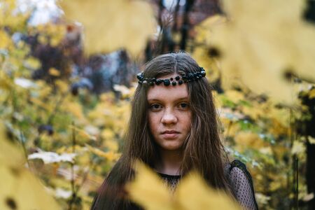 Freckled redhead girl in autumn yellow park.の写真素材
