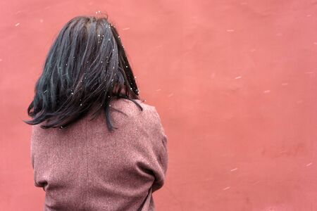 Portrait of a woman in a burgundy coat with long black hair view from the back against a red wall. The concept of minimalism in composition, without a face. Impersonal. Winter, snowflakesの写真素材