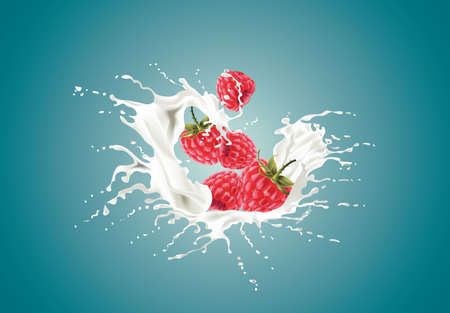 Strawberreis falling into the milky splashのイラスト素材