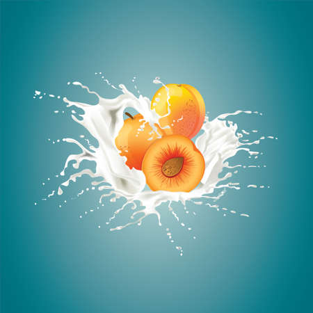 Peach falling into the milky splash. Vector illustration.のイラスト素材