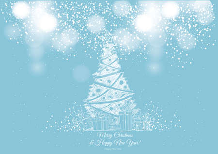 Christmas tree and gifts, hand drawn vintage. Blue background. Vectorのイラスト素材
