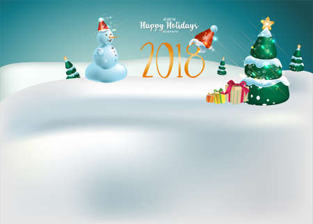 Holiday Christmas greeting card. christmas tree, snowmen. Merry Christmas Landscapeのイラスト素材