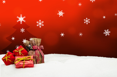 Christmas background - Christmas tree - gifts - red - Snowの写真素材