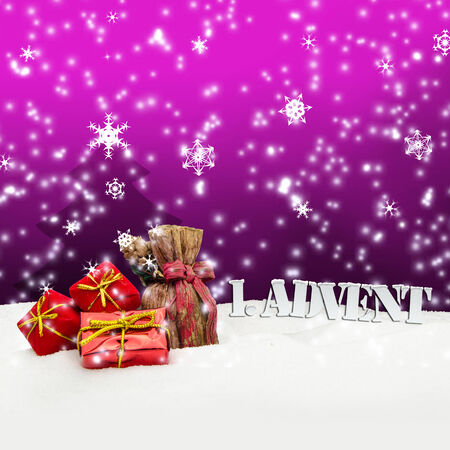 Christmas advent with gift or present and snow backgroundの写真素材