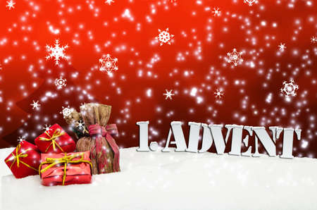 Christmas advent with gift or present and snow backgroundの写真素材
