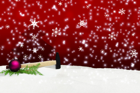 Hammer Hand Tool Snow Christmas Greeting Cardの写真素材