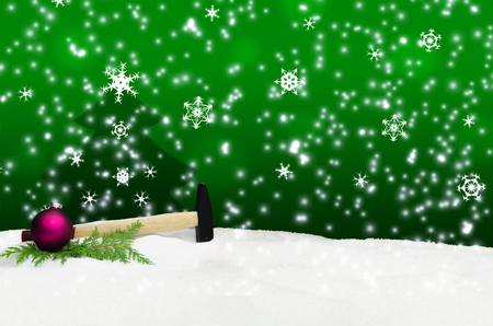 Hammer Hand Tool Snow Christmas Greeting Cardの写真素材