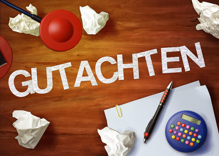 gutachten desktop memo calculator office think organizeの写真素材