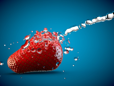 Strawberry water splash fruit fresh healthy blue 3Dの写真素材