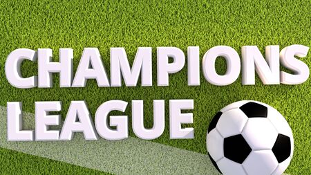 3d render of a soccer ball on a grass pitch champions leagueの写真素材