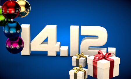 14 12 date calendar gift box christmas tree balls 3d illustration renderingの写真素材