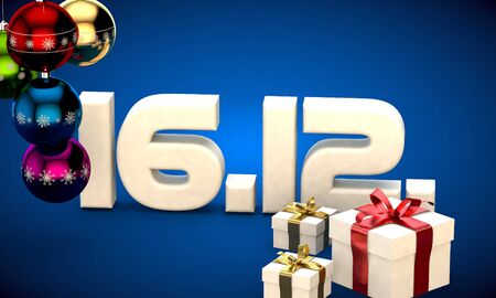 16 12 date calendar gift box christmas tree balls 3d illustration renderingの写真素材