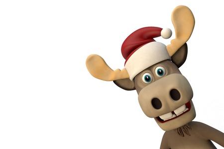 Cute moose with christmas hat cartoon animal zoo forest 3d illustrationの写真素材