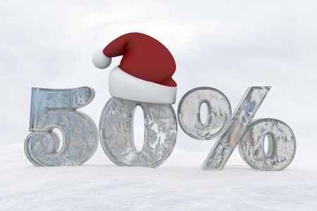 50 percent discount ice number with christmas hat 3d rendering illustration snowの写真素材