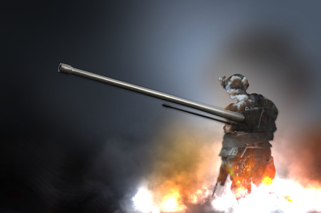 Silhouette of military soldier weapon and tank flames explotion fire smoke illustrationの写真素材