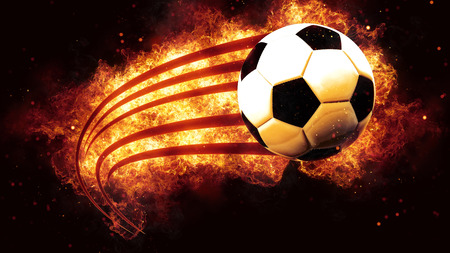football ball soccer on fire flames explosion burningの写真素材