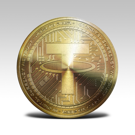 golden tether coin isolated on white background 3d renderingの写真素材