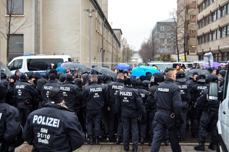 GERMANY, LEIPZIG - NOVEMBER 25, 2017: antifa demonstrationのeditorial素材