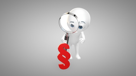 3d man looking through magnifying glass on a lawyer signの写真素材