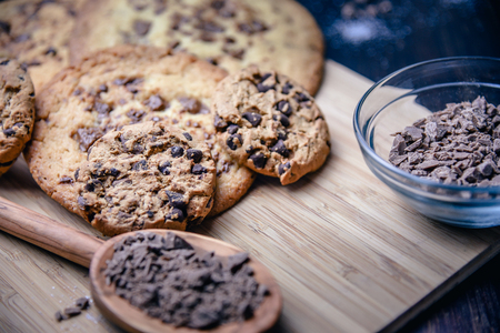 Chocolate cookies on wooden tableの写真素材