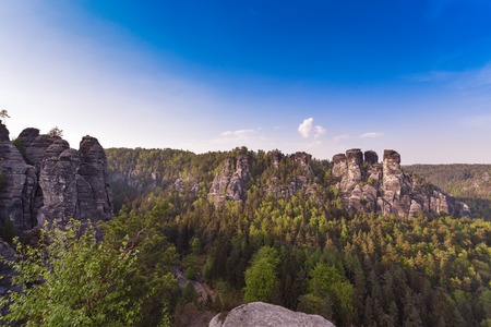 Bastei Rocks in Swiss Saxony, around the ruins of Neurathen Castle. Germany.の写真素材