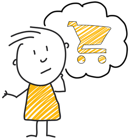 stick man standing and thinking bubble expression illustration yellow shopping cart symbolのイラスト素材