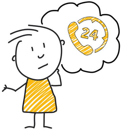 stick man standing and thinking bubble expression illustration yellow 24h telephone support signのイラスト素材