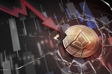 shiny golden AUGUR cryptocurrency coin broken on negative chart crash baisse falling lost deficit 3d renderingの写真素材