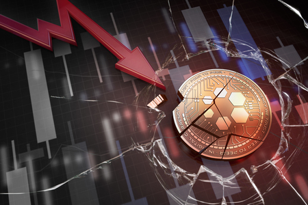 shiny golden AXIONV cryptocurrency coin broken on negative chart crash baisse falling lost deficit 3d renderingの写真素材