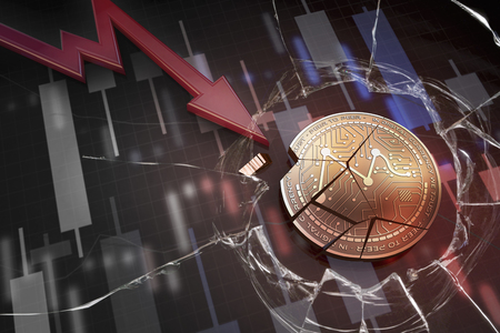 shiny golden MUSICONOMI cryptocurrency coin broken on negative chart crash baisse falling lost deficit 3d renderingの写真素材